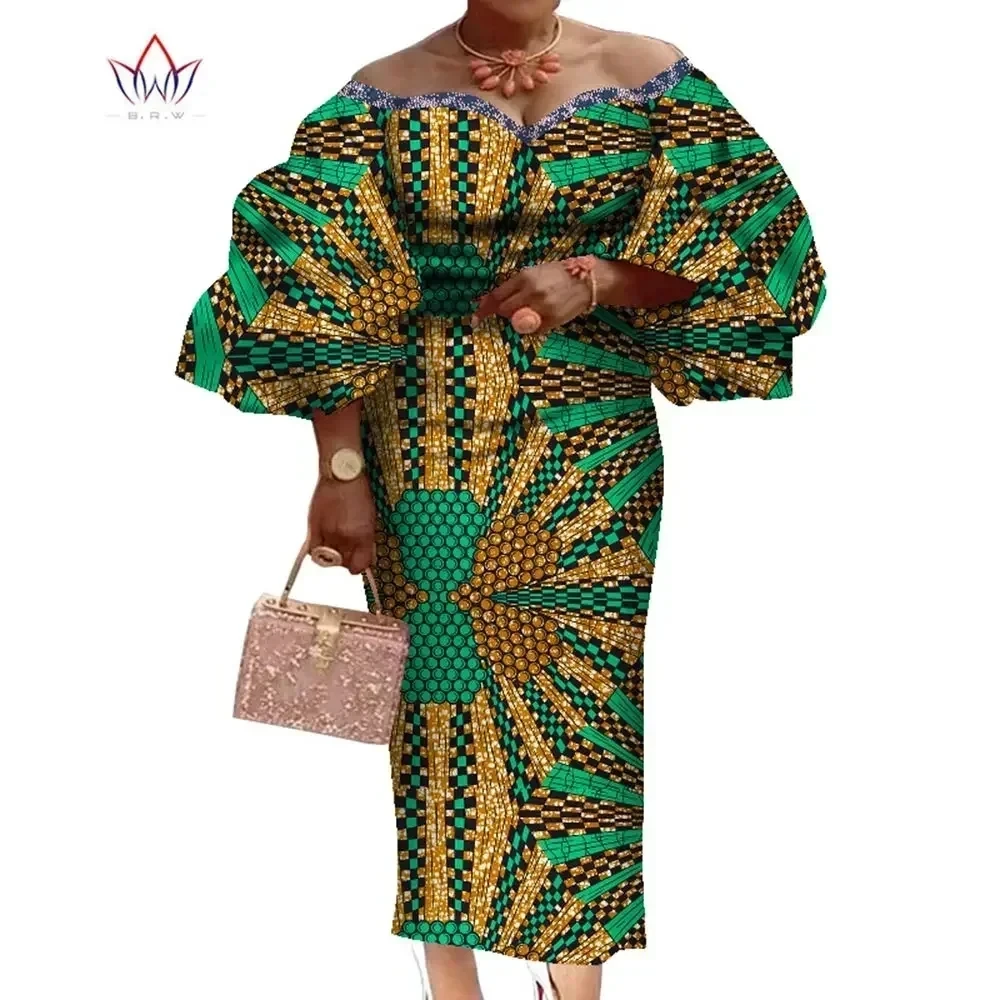 

African Ruffles Big Sleeve Dresses for Women Dashiki Print Off Shoulder Dresses Vestidos African Women Party Clothing WY7829