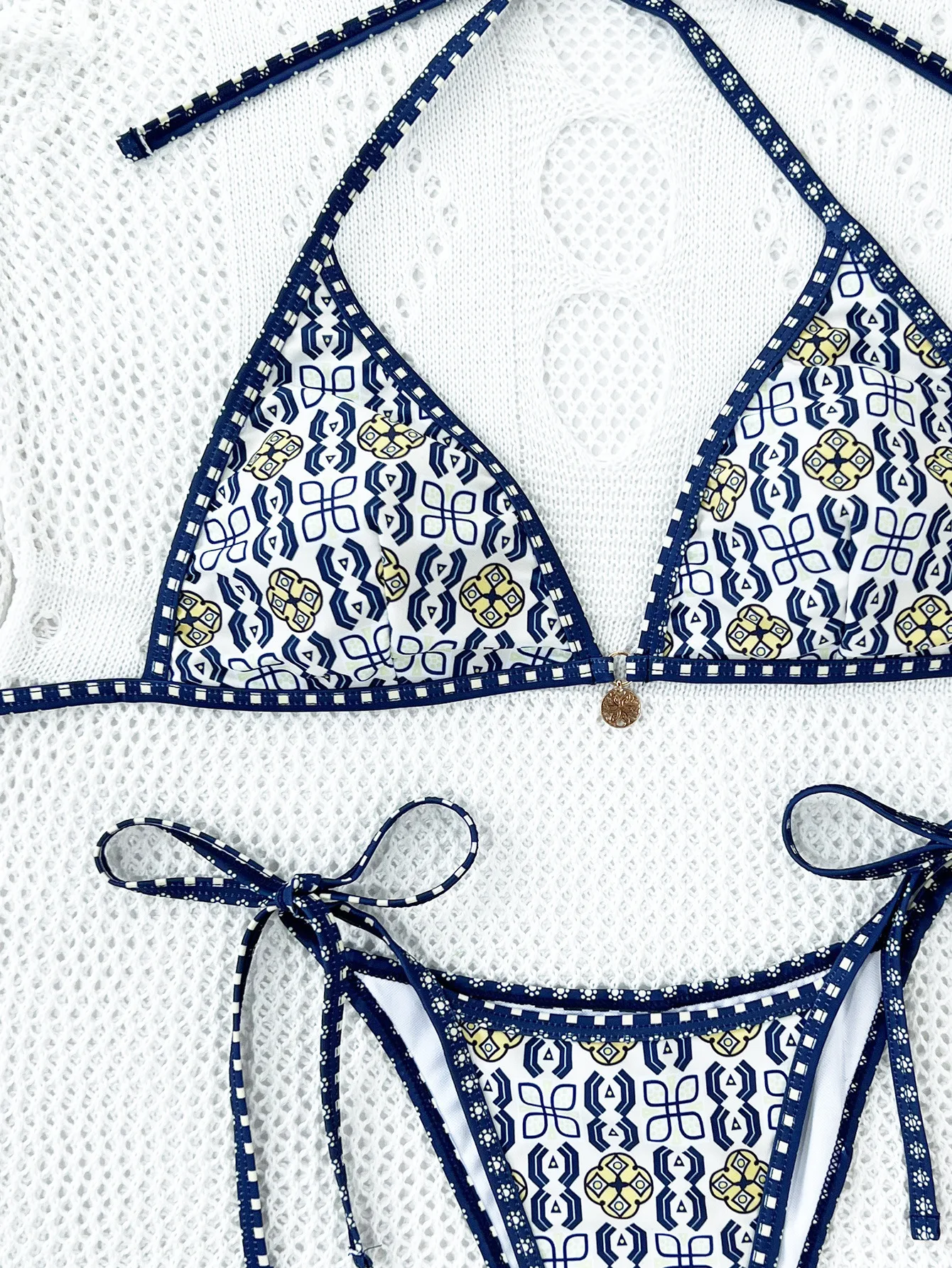 New Women's Split Irregular Pattern Printed Sexy Drawstring Binding Swimsuit Bikini Beach Vacation Holiday Pool Party Charm 97DB