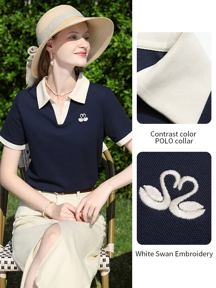 Ik geloof je blauw contrasterend polokraag ademend T-shirt top zomer 2025, V-hals witte zwaan borduurwerk casual T-shirt 2252015970