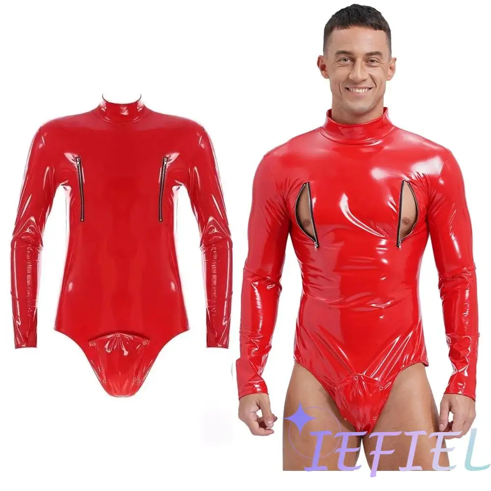 

Mens Shiny Latex Catsuit Leotard Jumpsuit Slim Fit Long Sleeve Zipper Boxer Bodysuit Leotard Clubwear Pole Dance Rave Costume