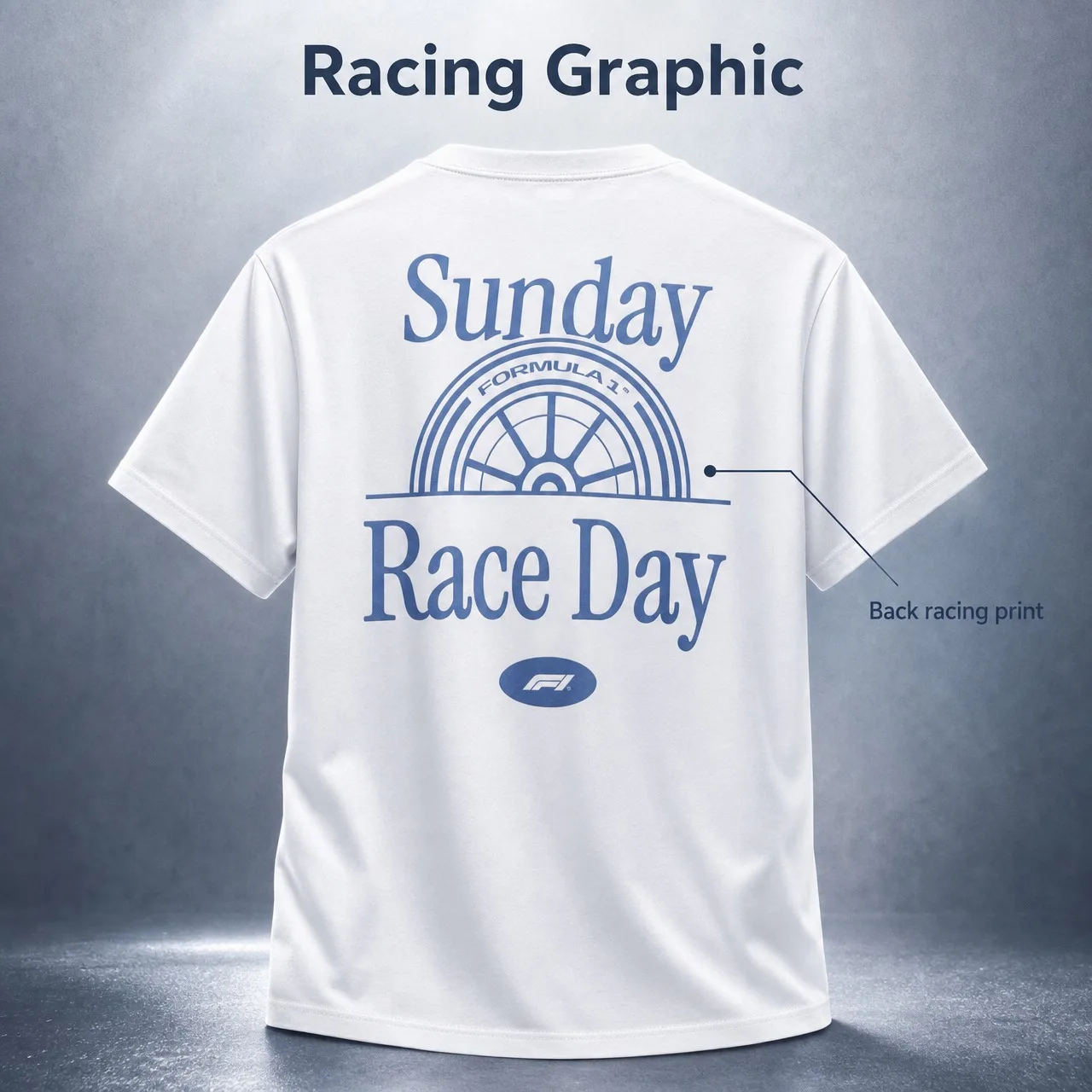 Classic F1 Sunday Race Day T‑Shirt Men White Short Sleeve Crew Neck Retro Tire Wheel Pattern Front And Back Print Racing Fan Top