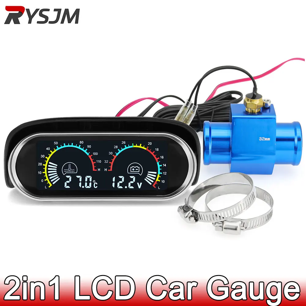 12V 24V 2 IN 1 LCD Digital Truck Car Water Temperature Gauge Voltage 1/8 NPT 10mm Temperature Sensor Adapter 26-40MM Joint Pipe