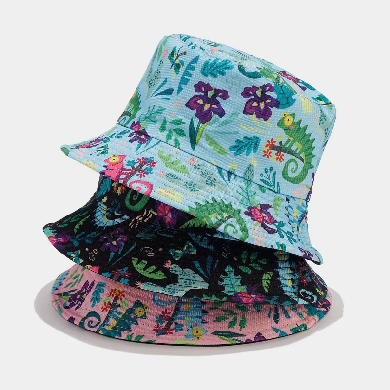 Reversible Chameleon Print Bucket Hat Unisex Casual Sun Hat Foldable Outdoor Fisherman Cap for Women Men