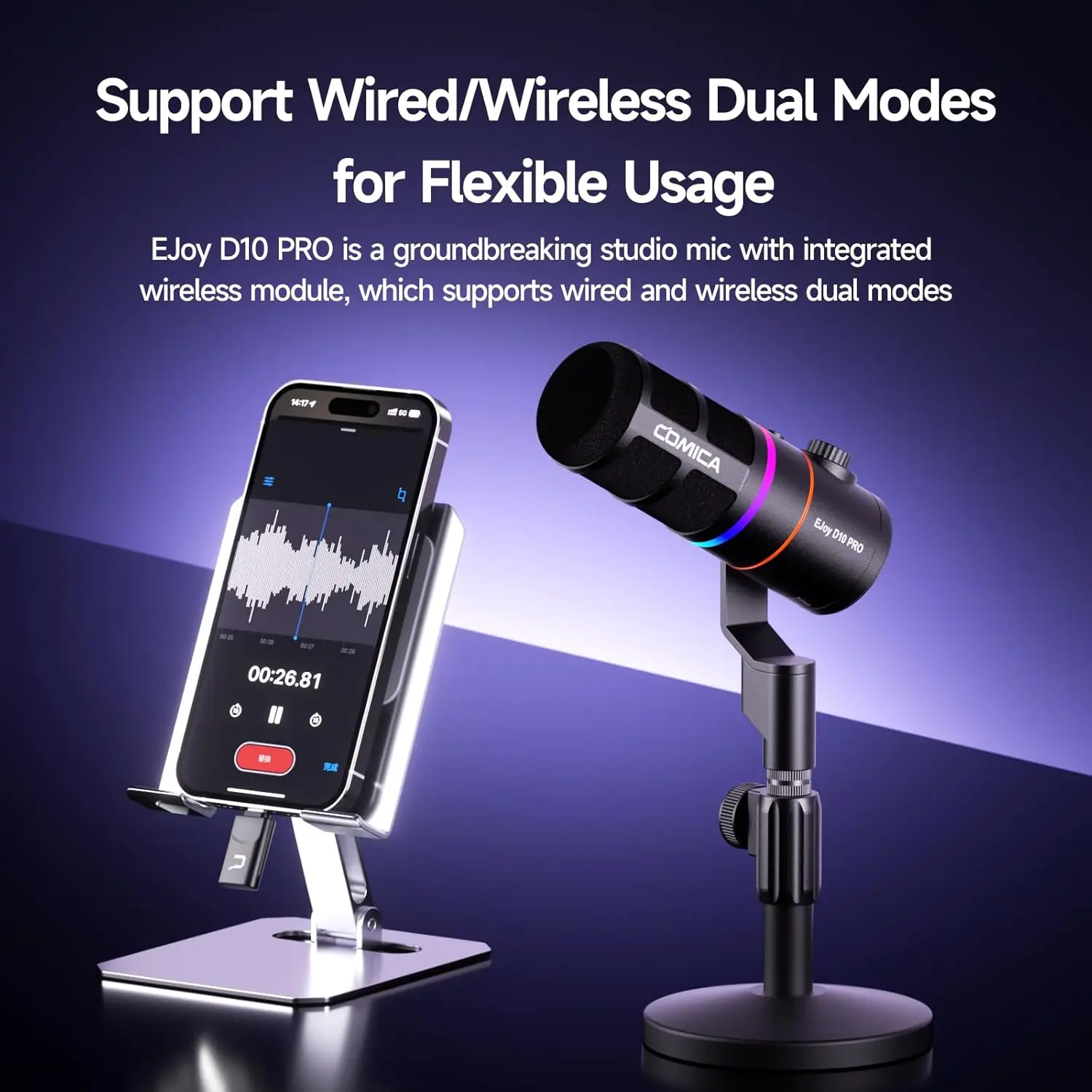 Comica EJoy D10 PRO(D) Combo Dual-Channel Wireless USB Gaming Microphone, RGB Dynamic Mic with Wireless Modes, Real-Time Monitor
