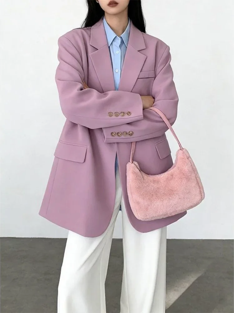 Women Pink Blazer Chic Designer Style Slimming Loose Fit Casual Suit Jacket Unique Fashion Top