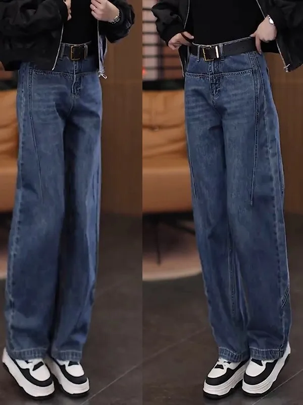 High Waist Fleece Lined Thick Wide Leg Jeans Women's Casual Straight Cut Winter Denim Pants Vintage Style Pocket Detail