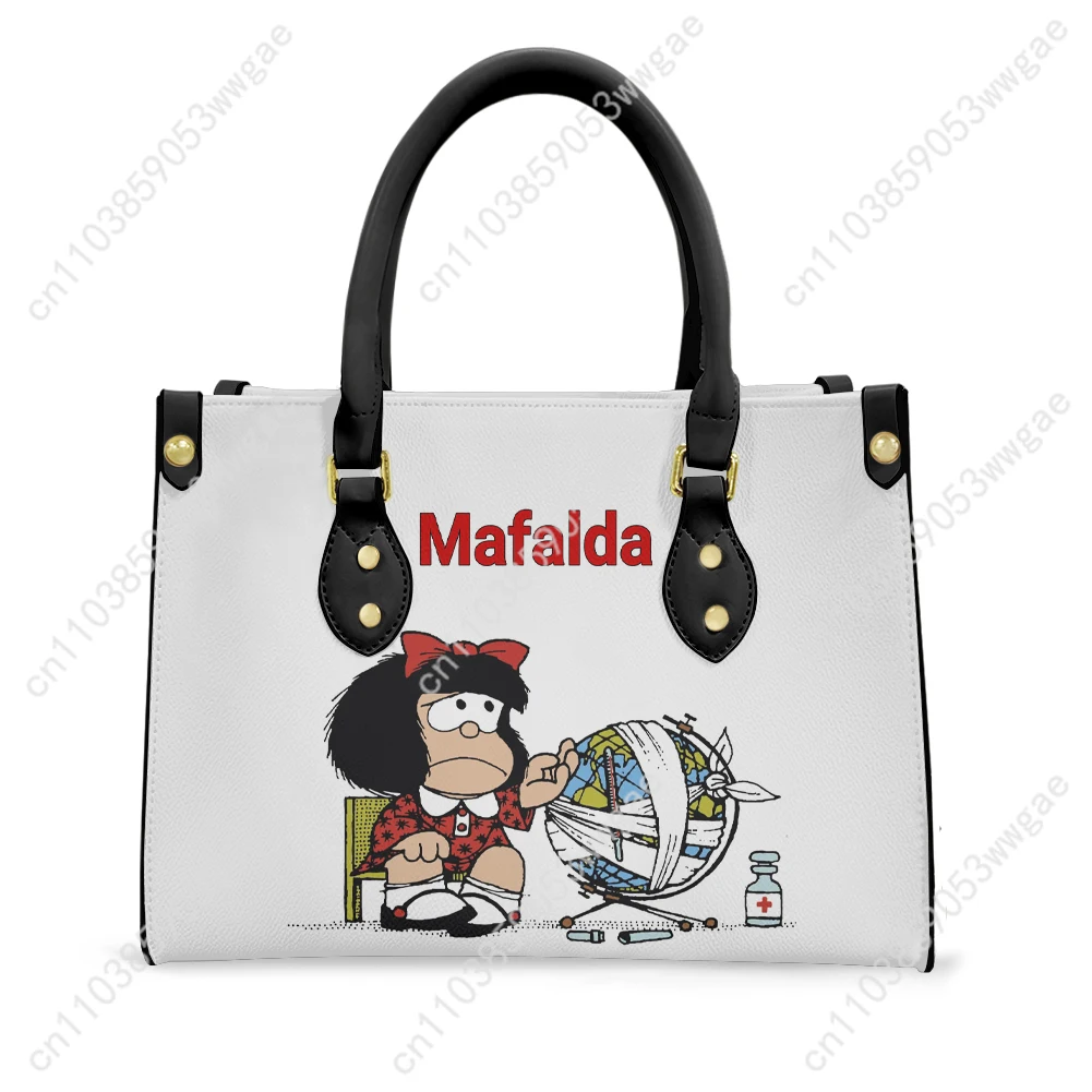 Mafalda Tote Bags Purse Womens Mens Fashion Personalized Text Image PU Leather Customized Handbags Commuter Shopping Gift Bags