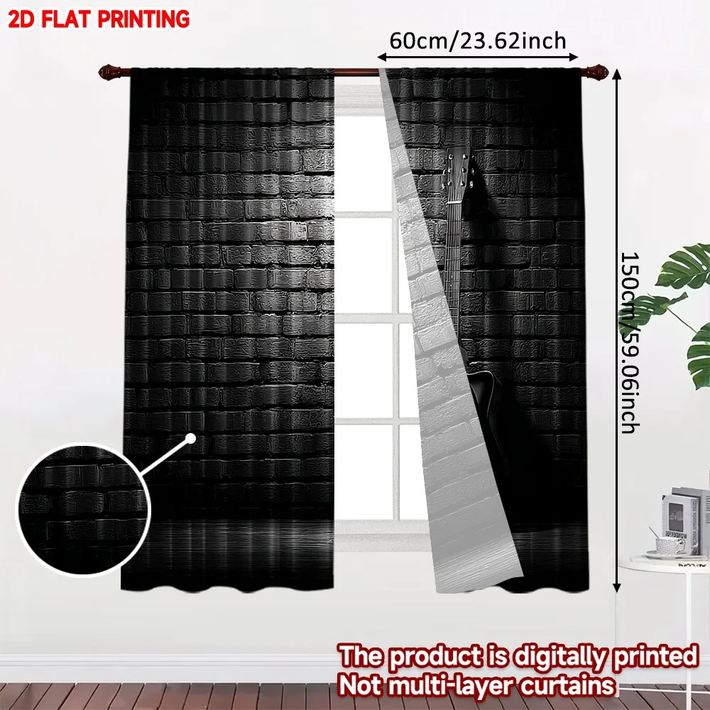 2pcs Black Guitar Art Curtains  Digital Printing, Realistic Instrument on Brick Wall Background for Music Lover Living Room