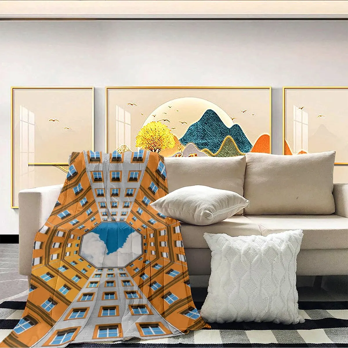 Large Geometric Cityscape Window Pattern Throw Blanket 150x200cm Modern Urban Bed Cover Home Decor Throw Gift
