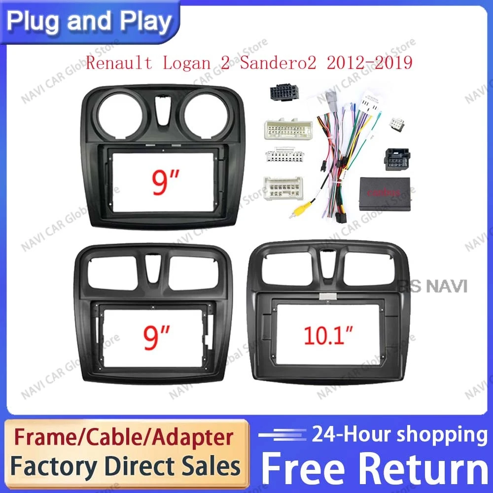 NAVI 9 Inch Car Radio Fascias Frame For RENAULT Sandero Symbol Logan 2014 + Canbus Box Panel Dash Installation Trim Power Cable