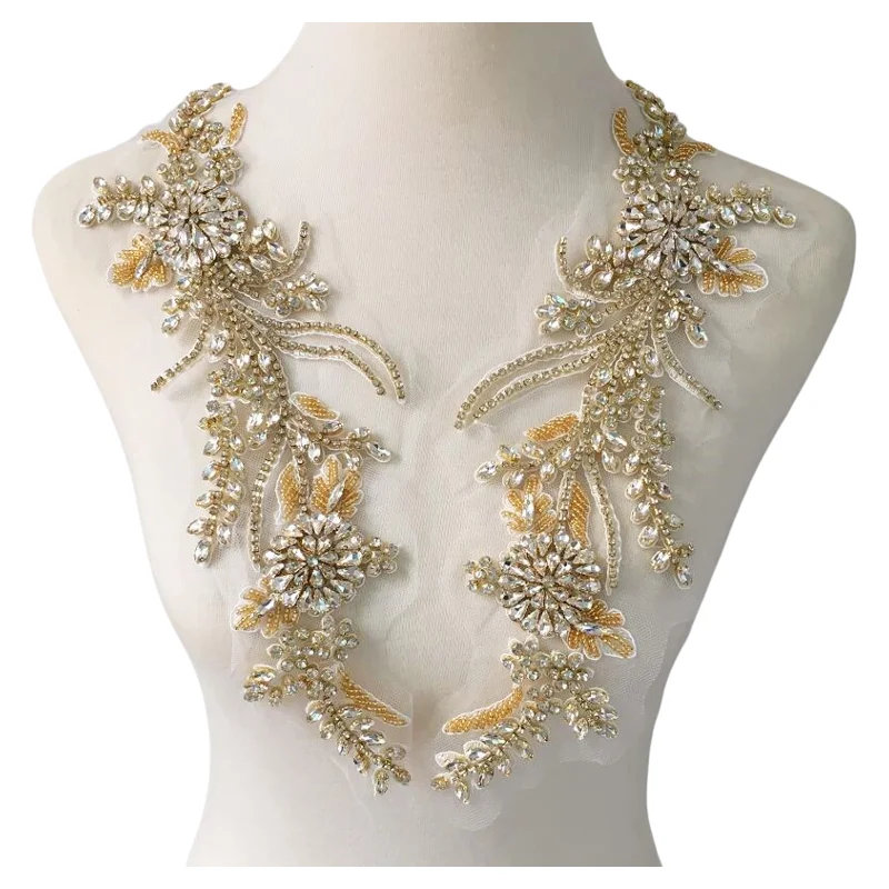 Luxurious Bridal Wedding Dress Accessory Gold White Crystal Trims DIY Garments Clothes Decorative Rhinestone Applique