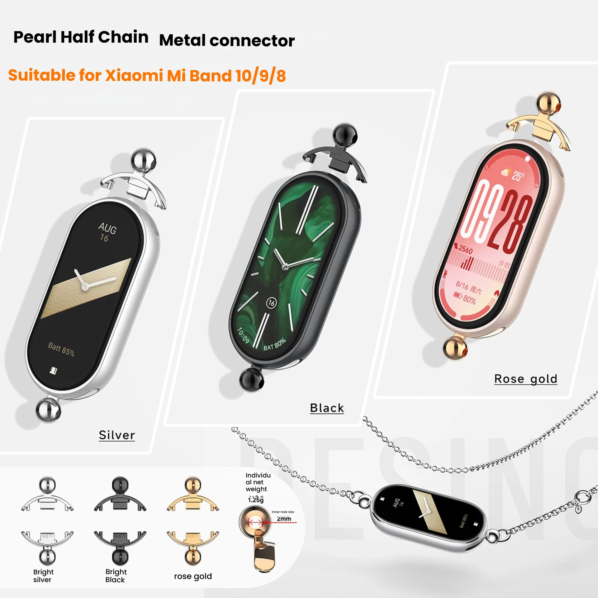 Metal Connector for Xiaomi Band8/9/10 Watch Pearl Hanging Chain Bracelet Strap Accessories for Xiaomi Mi Band8/9/10 Chain Buckle