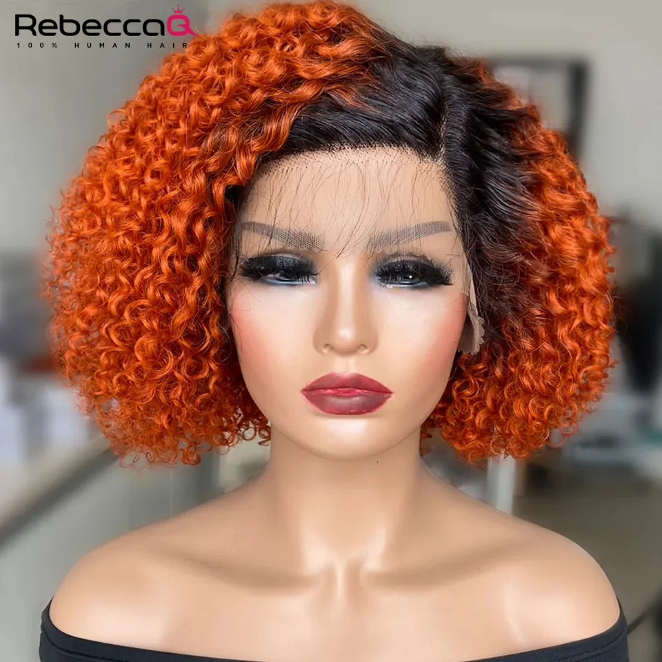 

Orange Color Deep Curly Bob Lace Front Wig Human Hair Wig With Baby Hair Short Pixie Curly Bob Wig Glueless Lace Wigs For Women