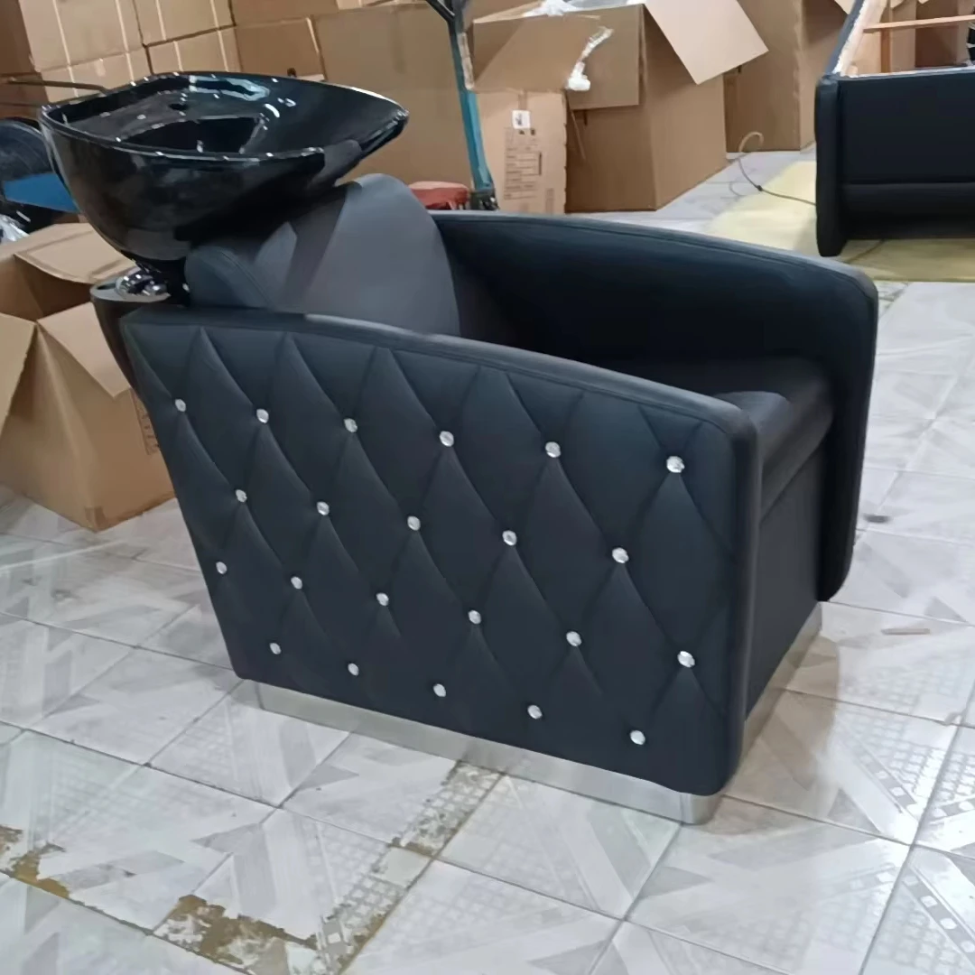 for Hair Washing Contemporary Crystal Black Electric Salon Shampooing Chair Durable Ceramic Basin Modern Barber Shampoo Bed