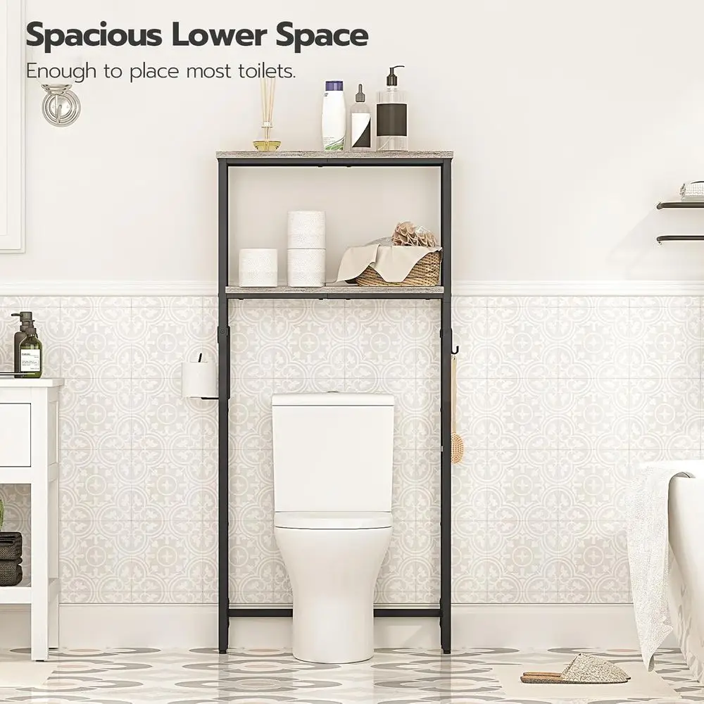 منظم تخزين فوق المرحاض بطبقتين مع حامل ورق وخطافات، موفر للمساحة، رمادي وأسود