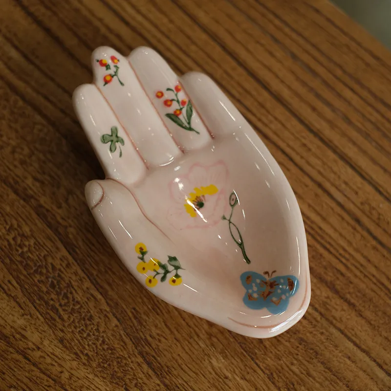 Handdrawn Ceramic Palm Ornament Creative Flora Jewelry Tray Mini Storage Plate Key Accessory Holder Container Desktop Decoration