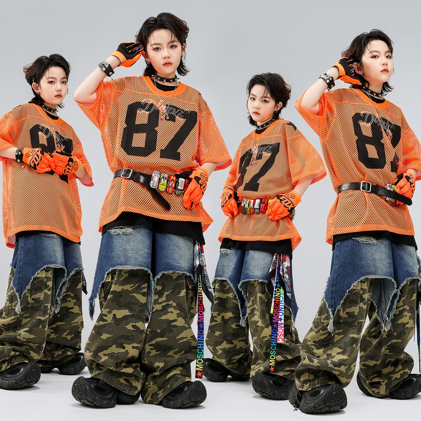 

Boys Hip Hop Orange Mesh Loose Tshirt Camo Print Cargo Pants Girls K-pop Dance Jeans Children Streetwear Kids Jazz Clothes Set