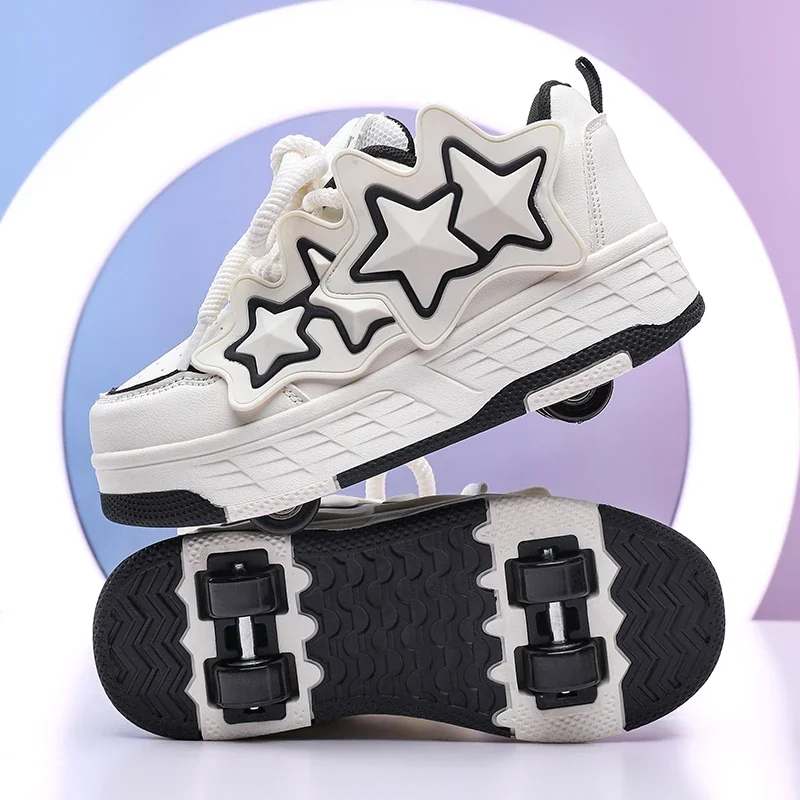 Children 4 Wheels Roller Skate Shoes Star Design Lace Up Deformation Sneakers Breathable Casual Outdoor Skating Shoes Boys Girls