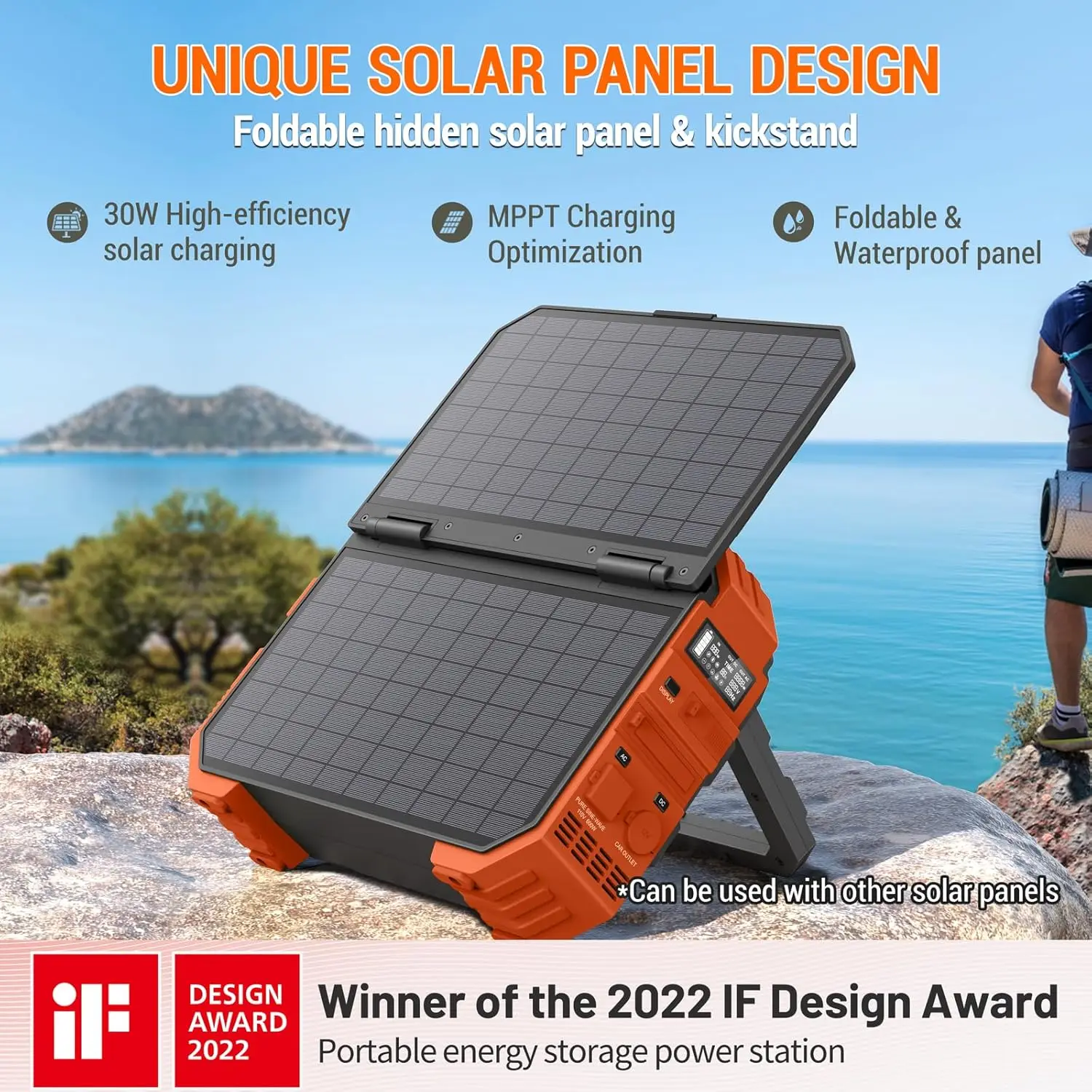 Portable Power Station with Built-in Solar Panel, 614WH/192000mAh LiFePO4 Battery Pack, 600W Solar Generator