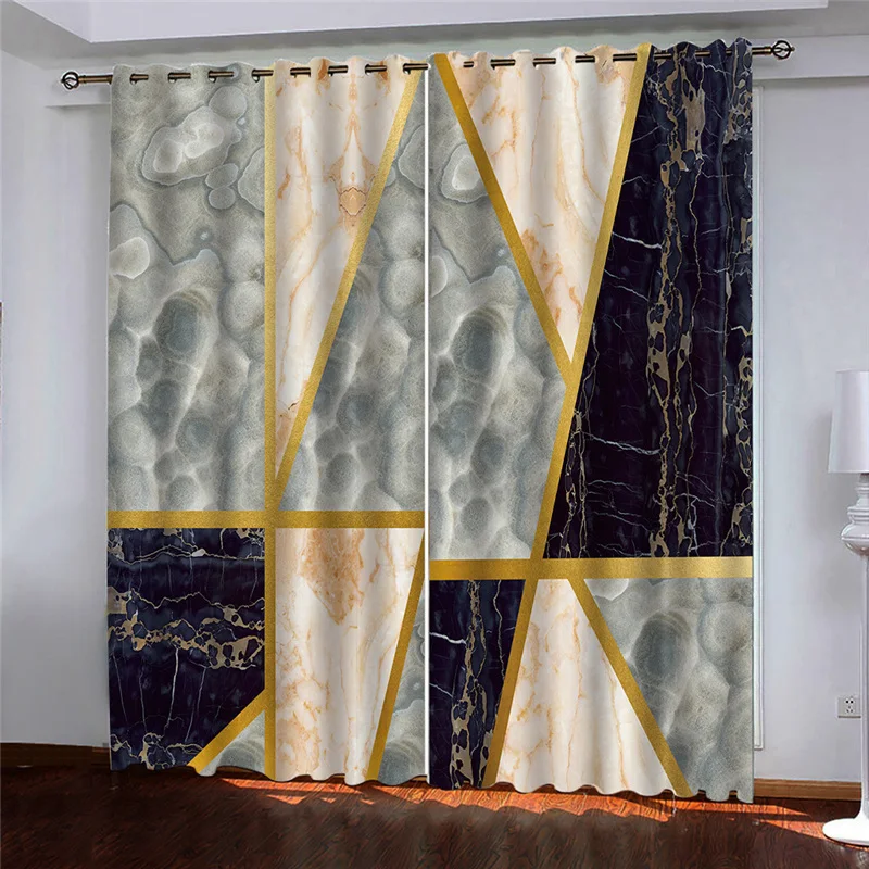 HUANZHUANG Short Curtains Marble Texture Drapes Shading Bedroom Winodw Curtains Set For Living Room 2 Pieces Free Shiping