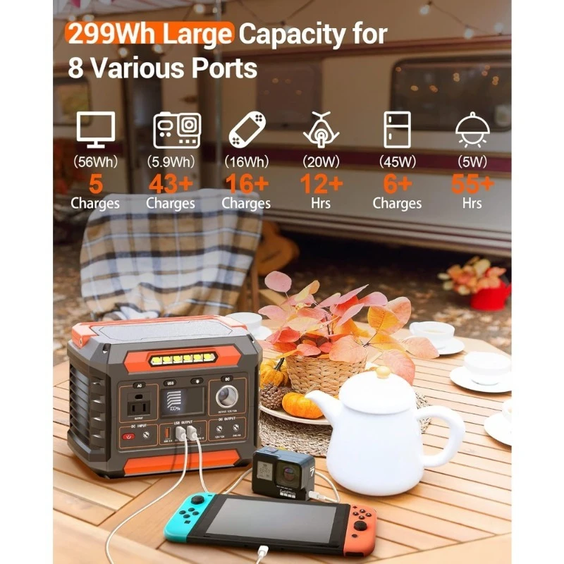 

Портативная электростанция 300 Вт 299 Вт·ч, солнечный генератор с выходом переменного тока, чистая синусоидальная волна, для CPAP, кемпинга, активного отдыха, резервный аккумулятор, LED-подсветка