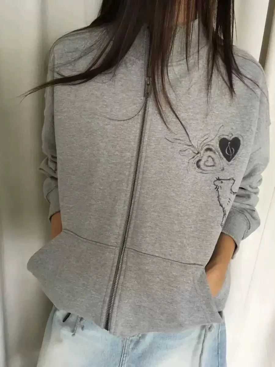 

Женская толстовка-худи с двойной молнией, принтом в виде сердца, воротником-стойкой, в уличном стиле, свободного кроя, удлиненная, повседневная