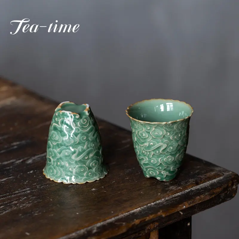 70ml Boutique Yue Kiln Celadon Master Cup Plum Green Galze Tea Cup Handmade Relief Auspicious Cloud Pure Cup Kung Fu Teaset Gift