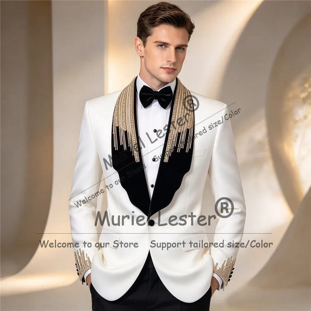 Exclusive Wedding Tuxedo Suit For Man Sparkly Gold Beaded Crystals Jacket Pants 2 Pieces Man Banquet Outfit Trajes Para Hombre