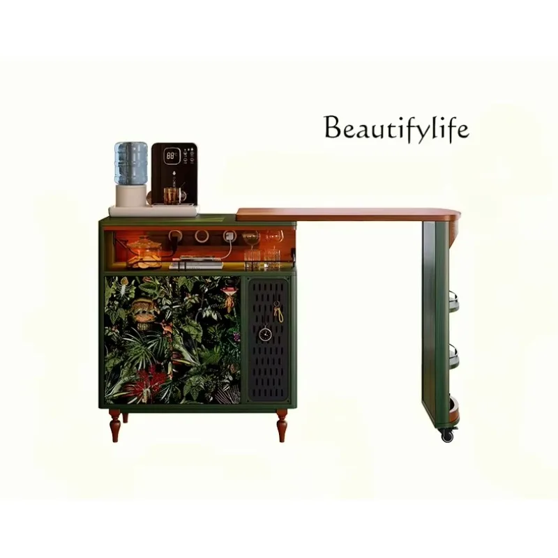 X35 French Retro Retractable Solid Wood Bar Counter, Antique Corner Entrance Cabinet Integrated Living Room Partition Bar Counte