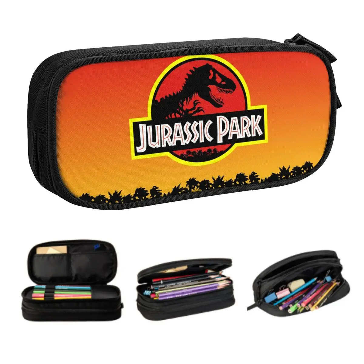 Cute Jurassic Park Logo In Yellow Orange Pencil Case for Boys Gilrs Large Storage Ancient Animal Pencil Pouch School Supplies