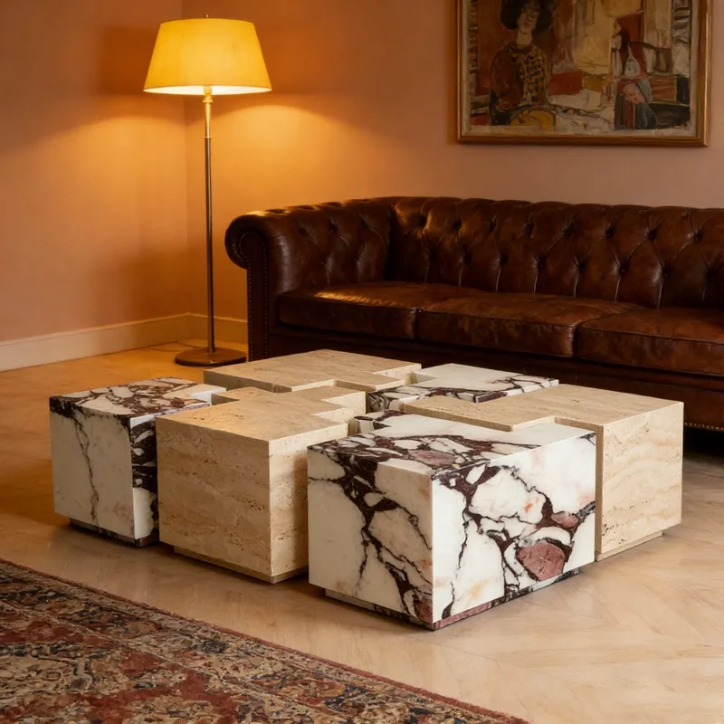 Modern retractable coffee table with limestone countertop marble frame