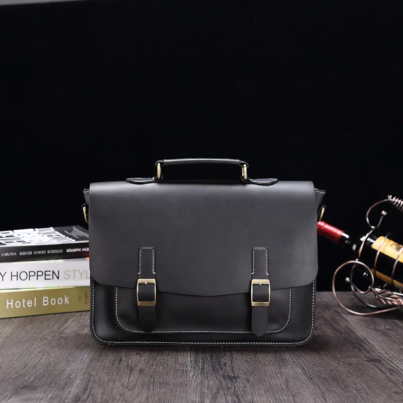 Vintage Briefcase Crazy Horse PU Leather Men Student Satchel Schoolbag Office Handbag Shoulder Business Document Shoulder Bag