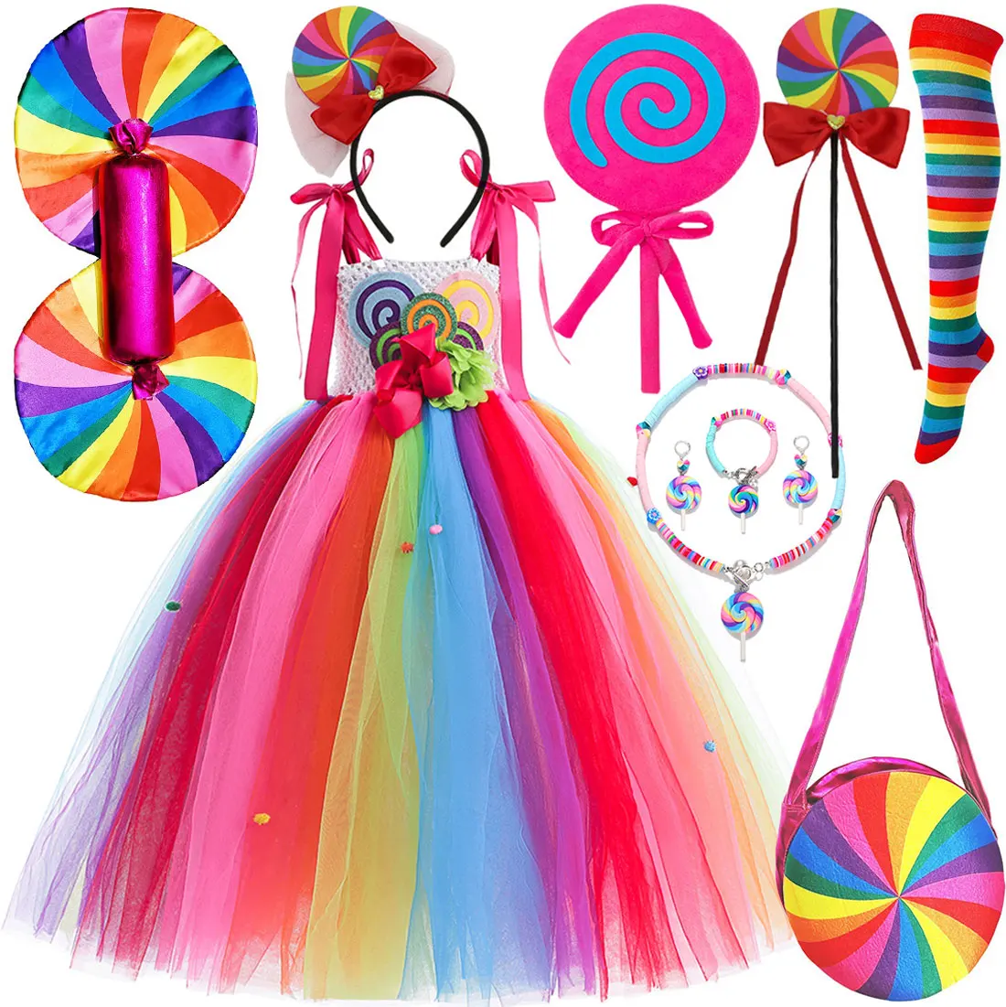 Children's Rainbow Candy Princess Dress Cosplay Costume Cute Girls Lollipop Tutu Outfit for Christmas Carnival Performance