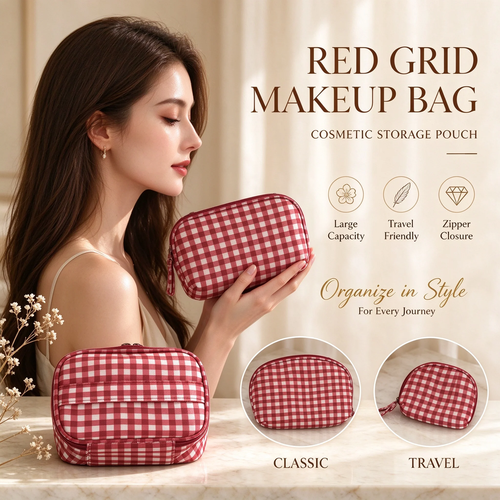 Red Grid Women Make Up Bag Round Tote Cosmetic Storage Pouch Handbag Travel Large Capacity Lipsticks Zipper Bag