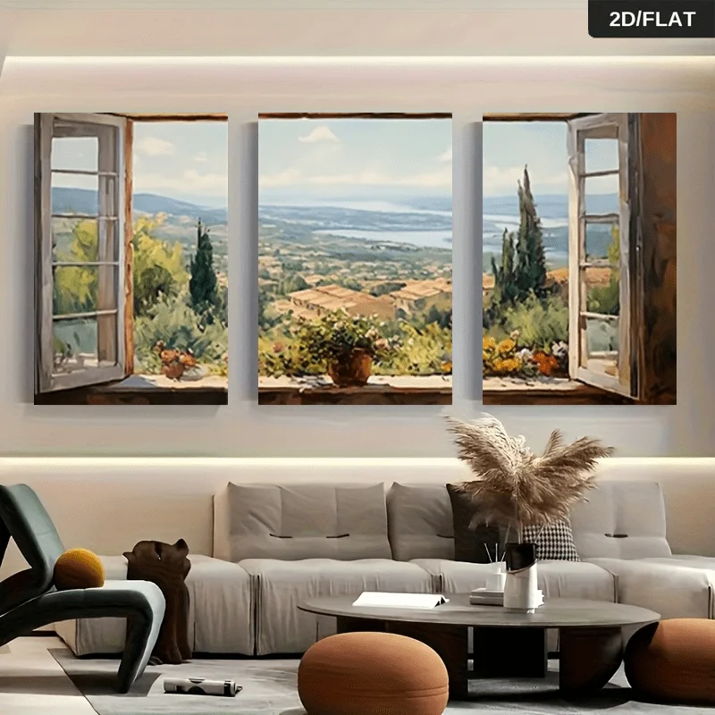 [2D Flat]3pcs Frameless Canvas Poster, Tuscan Italian Landscape Wall Art Print,  Urban Art Canvas Poster, Cottage Wall Decor