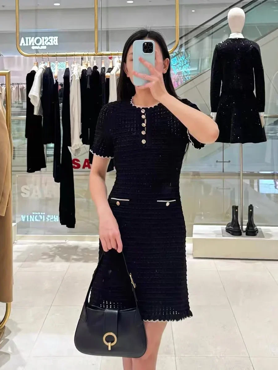 

2025 summer new women knitted dress wave stripes hollow pocket decoration mini dress