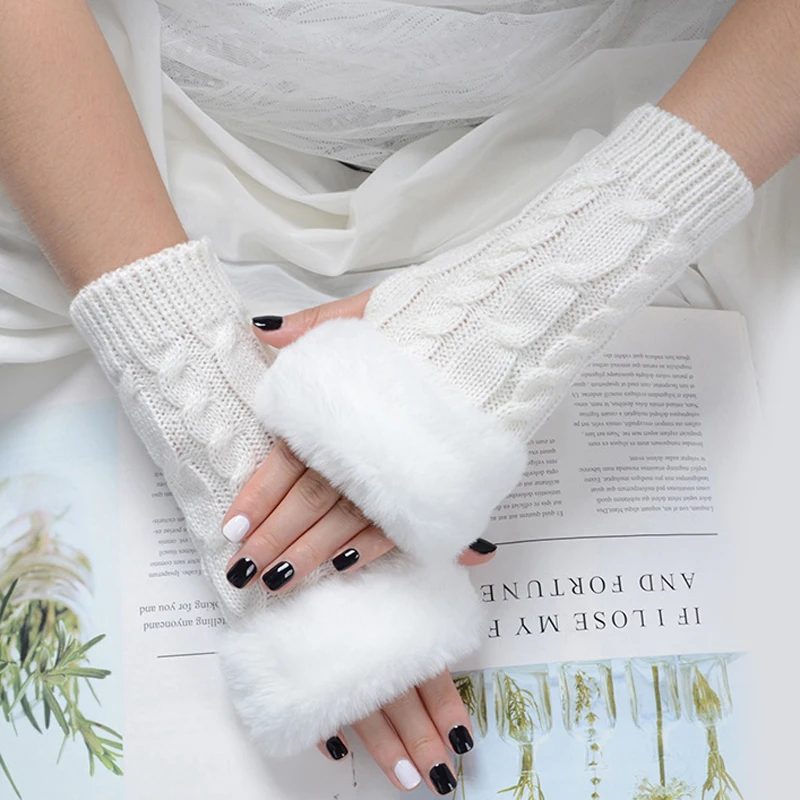 Autumn Winter Women Knit Fingerless Gloves Fashion Lady Long Pure Color Glove