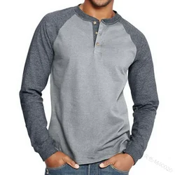 2026 Spring Autumn Henley Shirts Color Black Patchwork Tees Mens Fashion Vintage Button V Neck Long Sleeve T Shirt Man Tees Tops