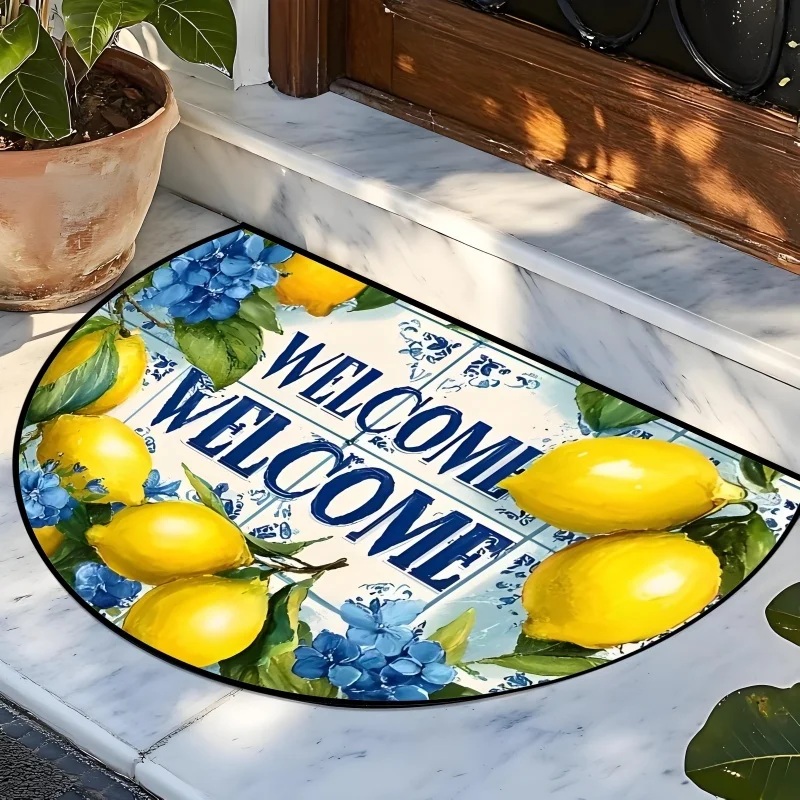 Semicircular Half Round Welcome Door Mat Yellow Lemon Mediterranean Tile Non-Slip Rug for Home Entrance Porch Decor