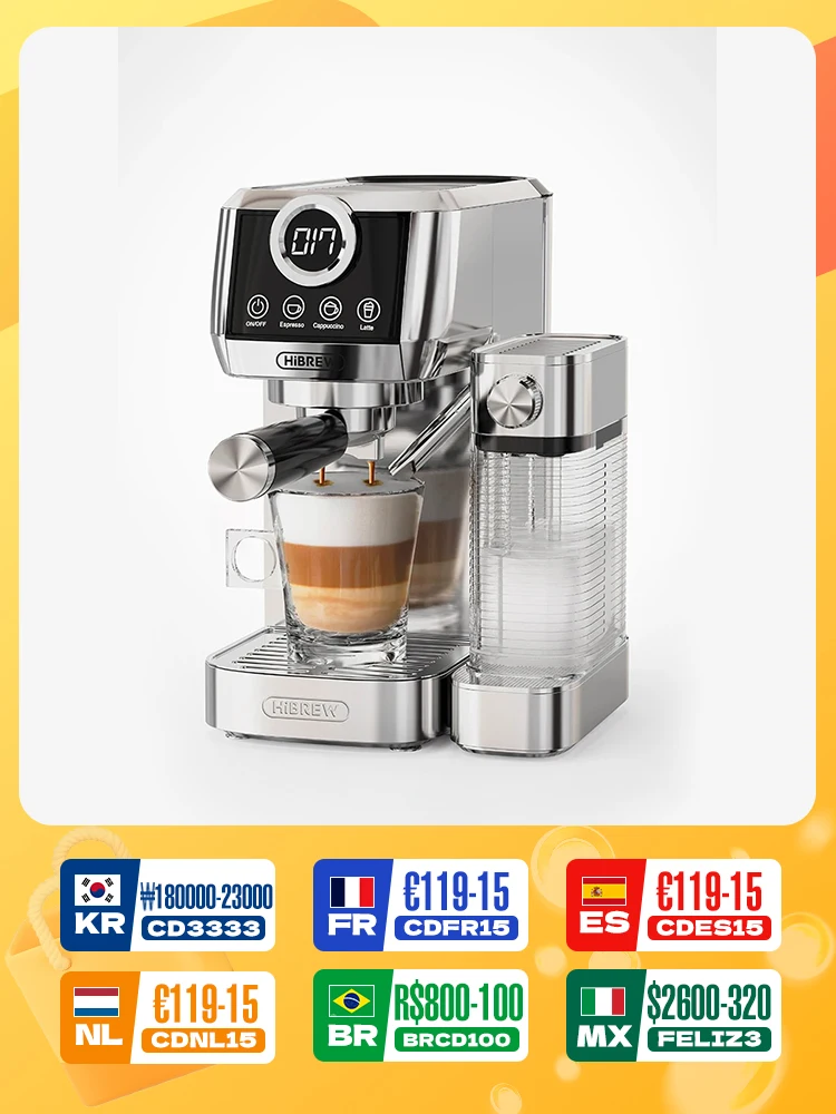 

HiBREW 3 in 1 Semi Automatic Espresso Cappuccino Latte Coffee Machine Automatic Milk Froth Ground Coffee Stainless Steels H13A