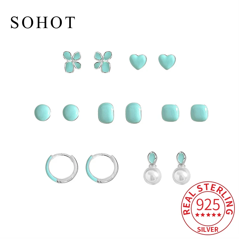 

Real 925 Sterling Silver Mint Color Geometric Personality Mini Stud Earrings for Women Minimalist Cute Fine Jewelry Accessories