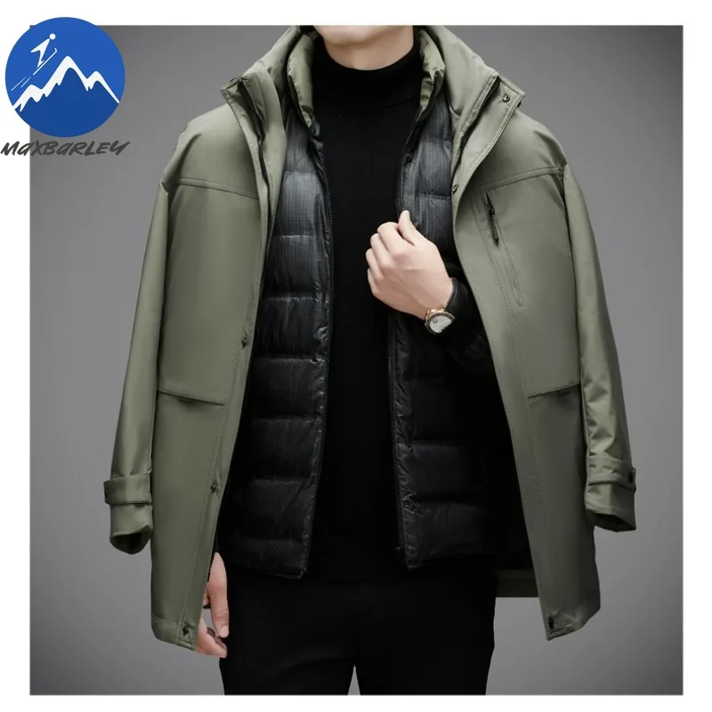 Maxbarley  Mens Down Jacket Thickened Business Casual Lightweight Padded Jacket Trendy Detachable Hooded Outdoor Winter Coats