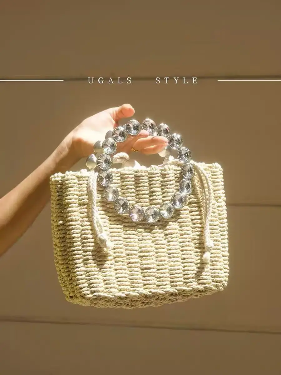 

Straw Woven Handmade Square Bag Luxury Circular Metal Handle Women Handbag Crystal Diamond Fashion Tote Bag Holiday Travel Bag