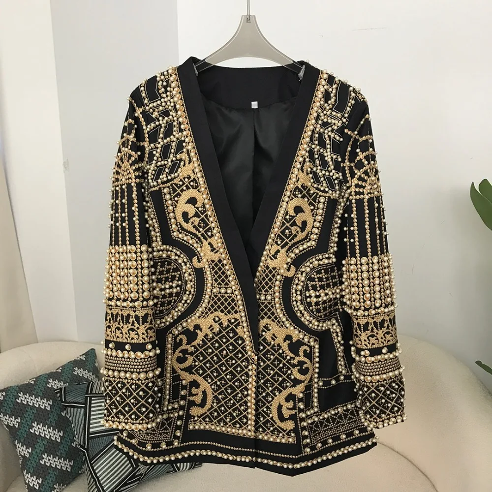 Newest 2024 Stylish Designer Jacket Women\'s V-neck Long Sleeve Luxurious Metallic Beaded Long Blazer High Street Vintage Pearls