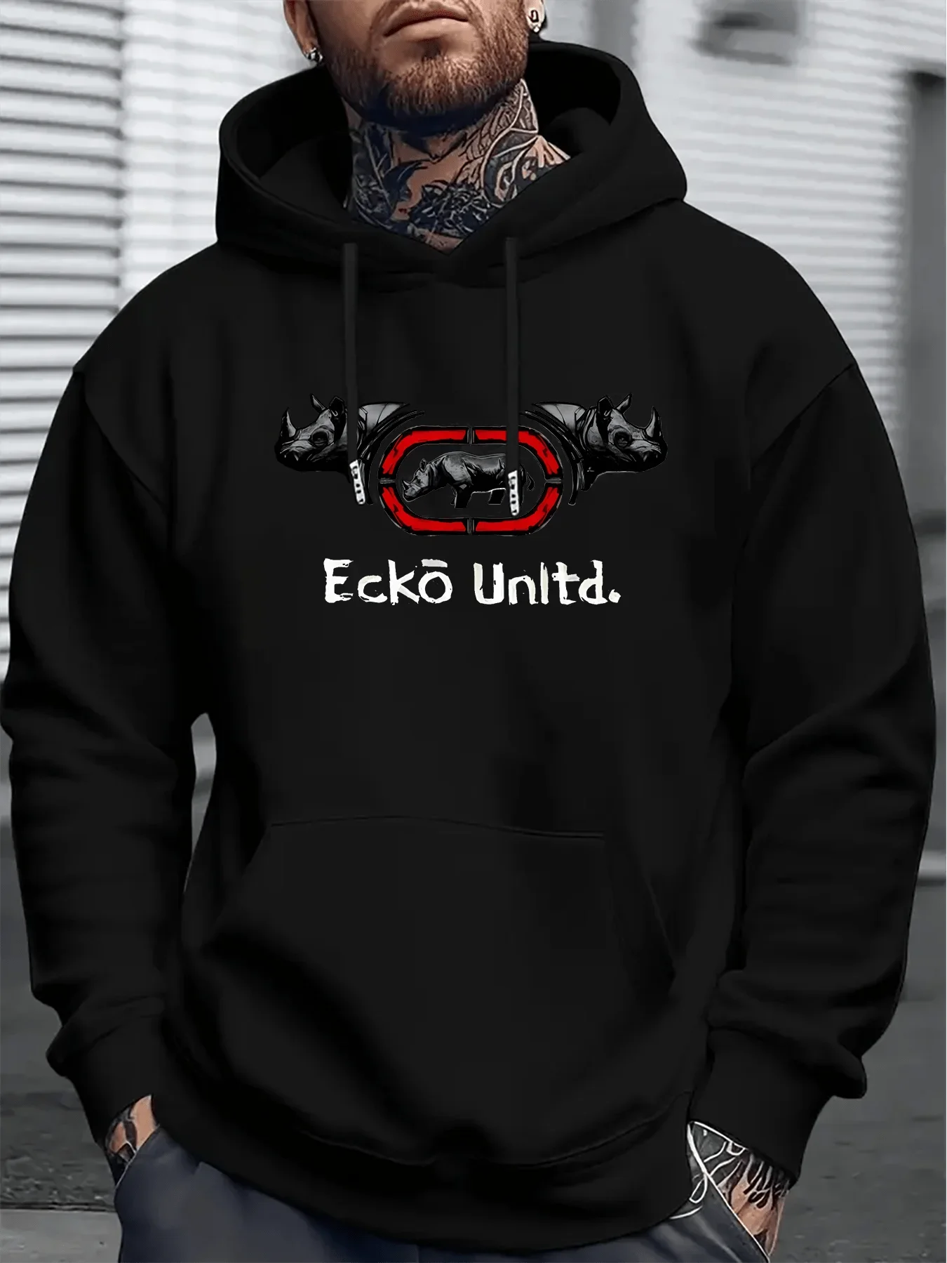 Sudadera con capucha para hombre Ecko Unltd con estampado frontal Triple Rhino, estilo retro coreano y estadounidense, gráfico de marco rojo, con cordón y bolsillos, estilo hip hop urbano.