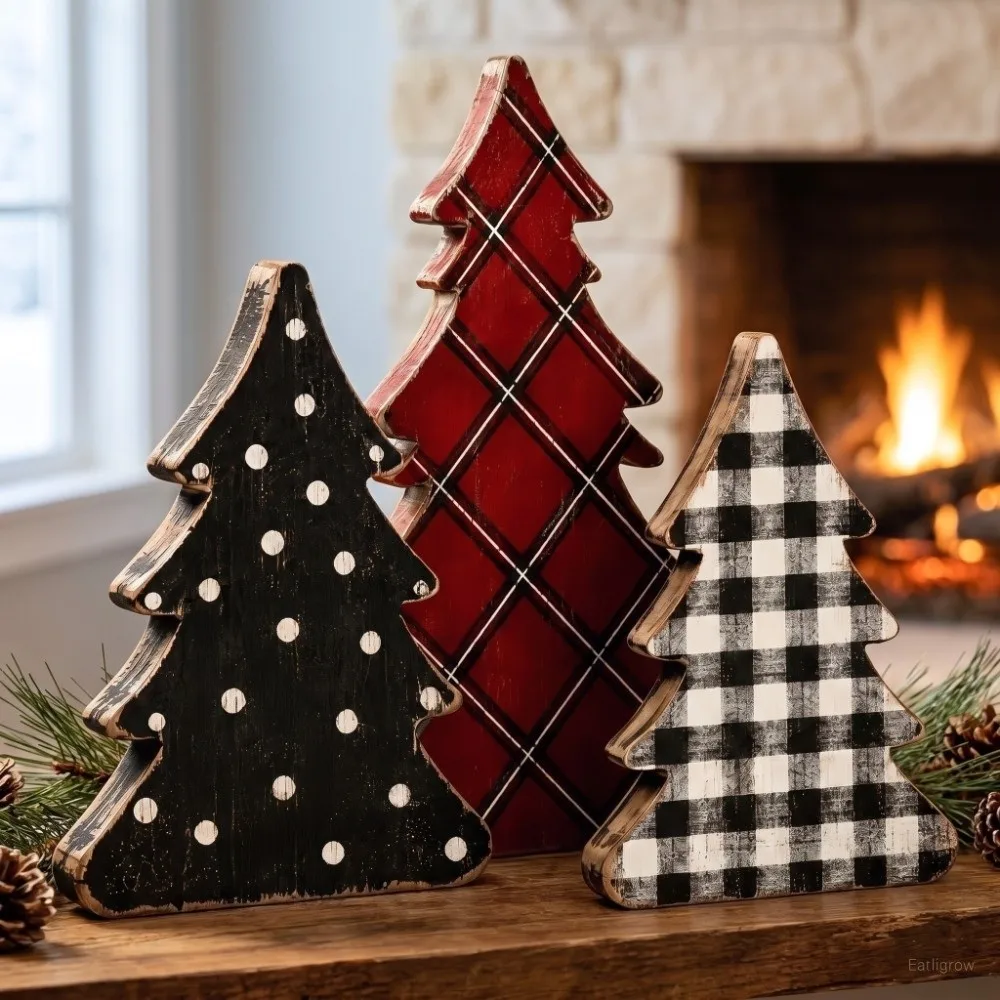 3/4/5pcs Rustic Farmhouse Style Wooden Christmas Tree Ornaments 2D Flat Lightweight Merry Christmas Decor Classic Self-Standing