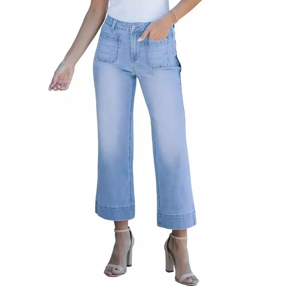 Damen jeans mit weitem Bein, stilvolle Damen hose mit hoher Taille und weitem Bein und Knopf verschluss taschen für den Pendel verkehr