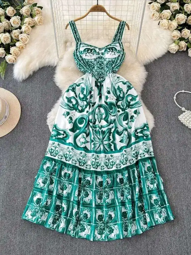 Nowe letnie wakacje elastyczny żółty nadruk długa sukienka damska Spaghetti pasek kubek wyściełany Backless niebieski biały porcelanowy Maxi Vestido