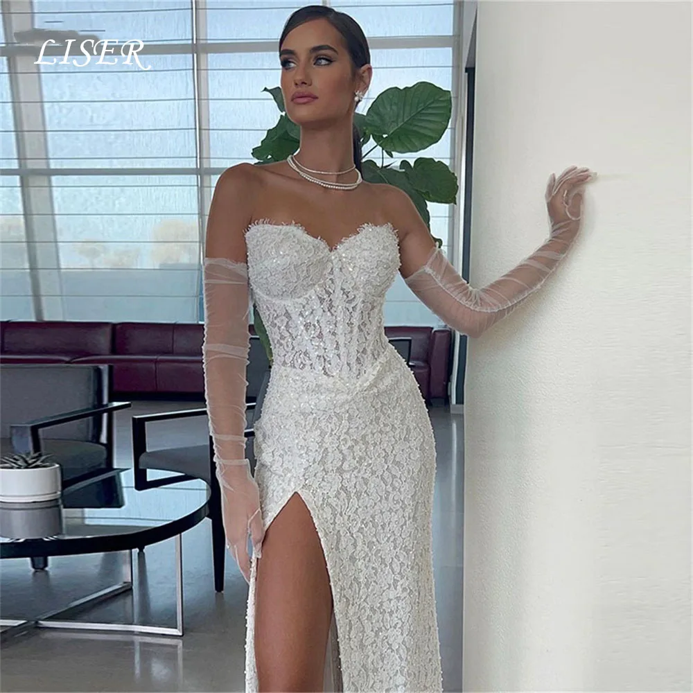 Liser Sparkle Lace Wedding Dresses Sweetheart Mermaid Leg Slit Party Gown Floor Length Vestidos En Oferta Liquidación Customized