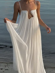 Pleated Dress Women Summer Deep V-Neck Sweet Sleeveless Solid Ladies Party Dress Hollow Out Sexy Holiday Streetwear Dropshipping